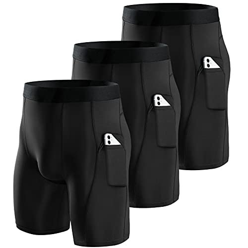 Niksa 3er Pack Herren Kompressionsshorts Schnelltrocknendes Base Layer Tights Sport Unterhosen für Enge trockene und atmungsaktive Radlerhose, Sportshorts mit Handytasche von Niksa