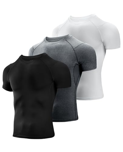 Niksa Herren-Kompressions-Shirts, 3/5er-Pack, kurzärmelig, sportlich, Kompressions-Top, kühl, trocken, Workout-T-Shirt, Schwarz/Grau/Weiß, 3er-Pack, XX-Large von Niksa
