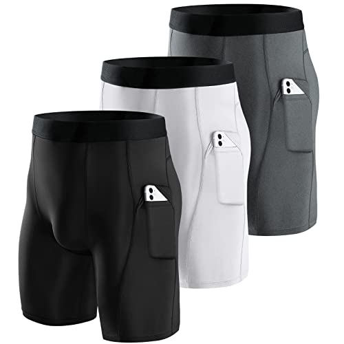 Niksa Kompressionsshorts für Herren, 3er-Pack, Kompressionsunterwäsche für Herren, athletische Shorts, Laufen, Workout, Fitness-Shorts, Weiß A, Grau B, Schwarz, Groß von Niksa