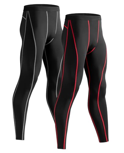 Niksa Sport Leggings männer 2er Pack, Herren Tight lang Quick Dry Kompression Hose für Fitness Workout Gym Joggen(Schwarz&Rot,Schwarz&Grau,XXL) von Niksa