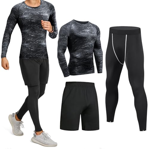 Niksa Sportbekleidung Herren Fitness Bekleidung Trainingsanzug 3pcs Set Fit elastische Sportwear Fitness Kompressionsshirt Langarmshirt Sporthose Leggings (Größe L Bust =94, Long Sleeve(163512)*D) von Niksa