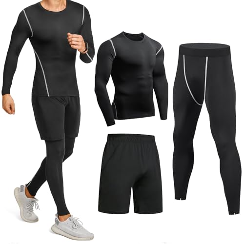 Niksa Sportbekleidung Herren Fitness Bekleidung Trainingsanzug 3pcs Set Fit elastische Sportwear Fitness Kompressionsshirt Langarmshirt Sporthose Leggings (Größe L Bust =94, Long Sleeve(163515)*D) von Niksa