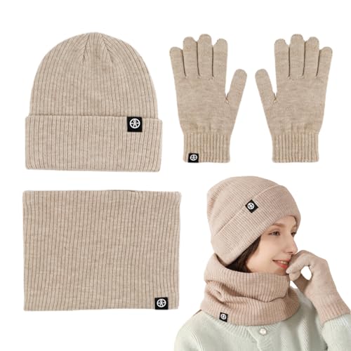 Mütze-Schal-Handschuh-Set,mütze schal set,schal und mütze set winter,Stricken Sie einen warmen Beanie-Mützen-Schal,Strickmütze für kaltes Wetter, weiche Fleece-Thermo-Winterschal-Handschuhe zum Skaten von Niktule