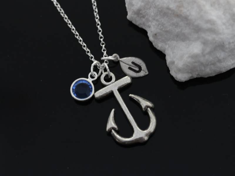 Personalisierte Anker-Collier, Wählen Sie Ursprüngliche Und Birthstone, Anchor Halskette Sterling Silber Kette, Anker Kette Silber Schmuck von Nikulture