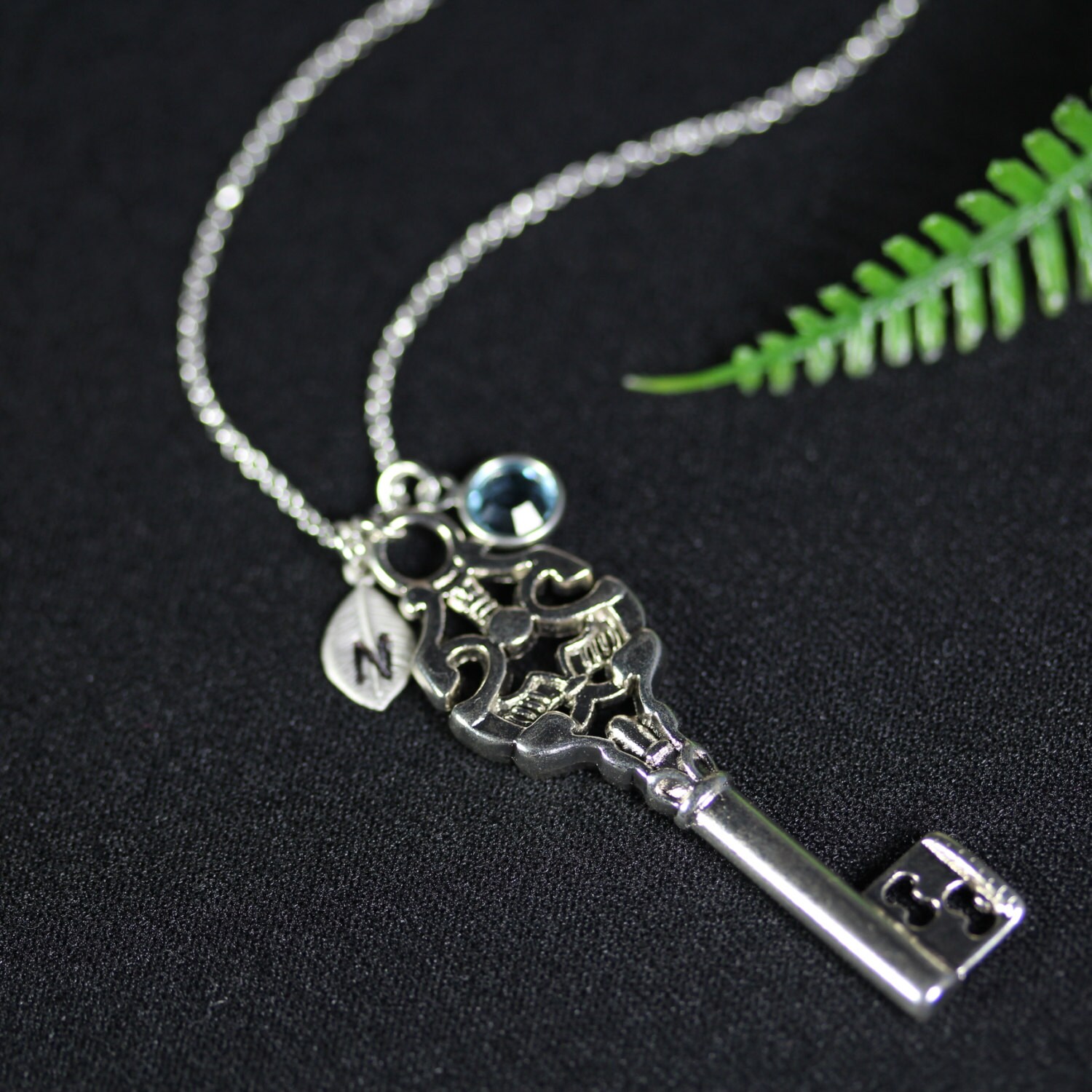 Personalisierte Schlüssel Halskette, Skelett Halskette Kommt Mit Einem Birthstone Und Initial Auf Sterling Silber Kabelkette von Nikulture