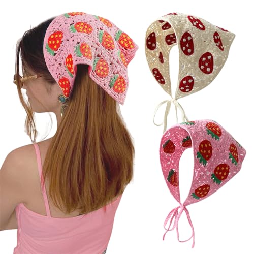 Nikuoan Handgefertigtes gehäkeltes Bandana-Kopftuch, Strickschal, Raffhalter, Blumenmuster, für Damen und Mädchen, 2 Stück (Rosa + Beige) von Nikuoan