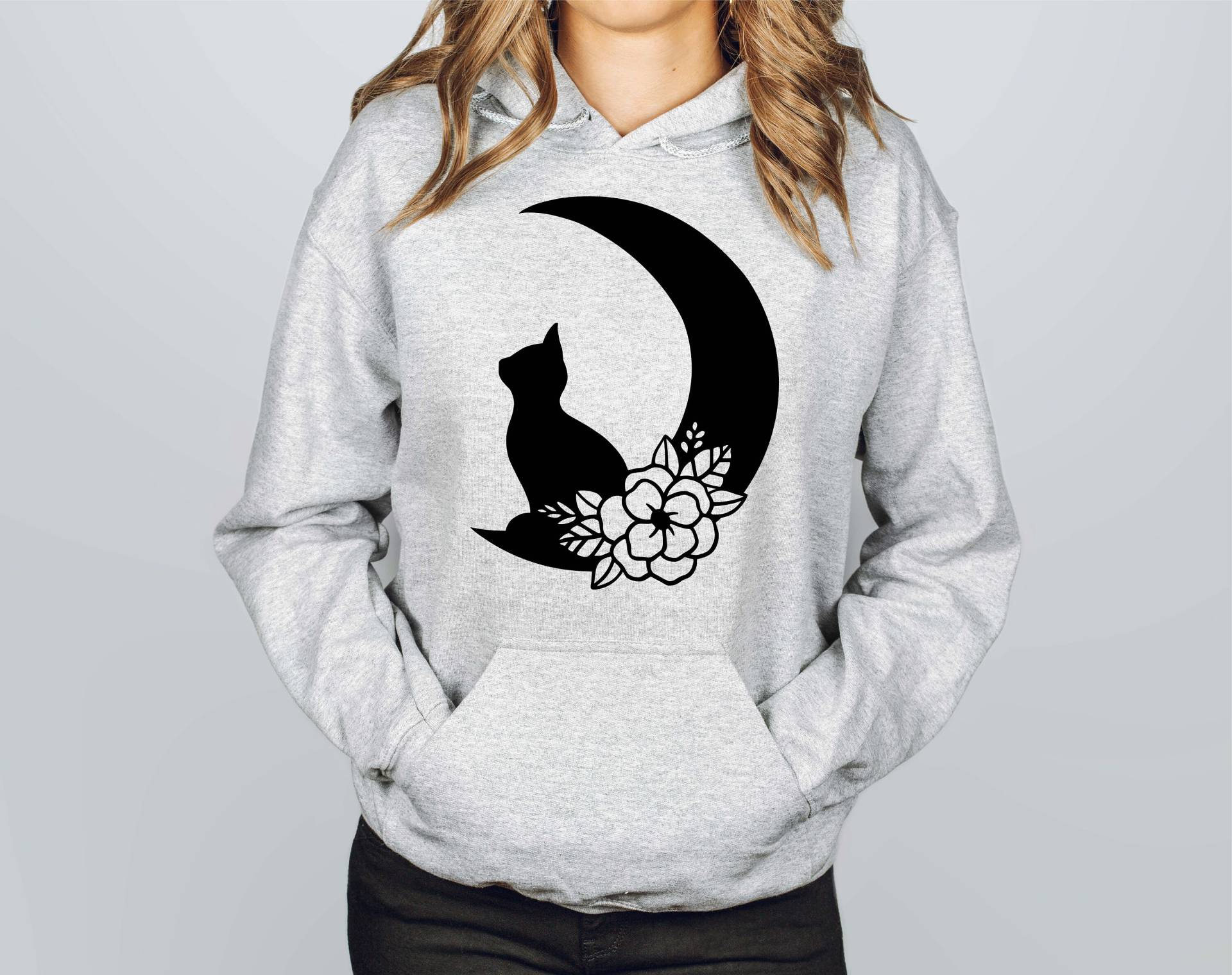 Schwarzer Katzen Kapuzenpullover, Cat Mom Sweatshirt, Schwarze Katze Blumen Mond Mama Geschenke, Hoodie, Liebhaber Sweatshirt von NilTeeApparel