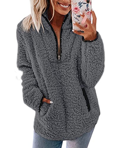 Pullover Damen Fleecepullover Teddyjacke Teddy Flauschiger Teddyfleece Jacke Kuschelpullover Winterjacke Fleecejacke Plüschjacke Kuscheljacke Kapuzenpullover Winter Mit Taschen Top (B Grau, XXL) von Nilimoph