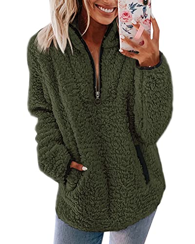 Nilimoph Pullover Damen Fleecepullover Teddyjacke Teddy Flauschiger Teddyfleece Jacke Kuschelpullover Winterjacke Fleecejacke Plüschjacke Kuscheljacke Kapuzenpullover Winter Mit Taschen Top (Grün, M) von Nilimoph