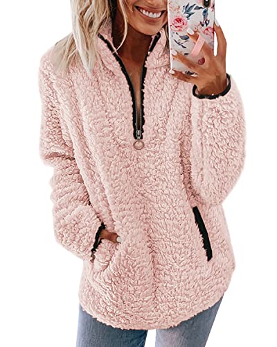 Nilimoph Pullover Damen Fleecepullover Teddyjacke Teddy Flauschiger Teddyfleece Jacke Kuschelpullover Winterjacke Fleecejacke Plüschjacke Kuscheljacke Kapuzenpullover Winter Mit Taschen Top (Rosa, M) von Nilimoph