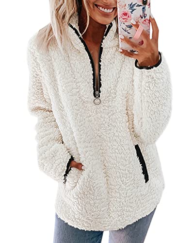 Pullover Damen Fleecepullover Teddyjacke Teddy Flauschiger Teddyfleece Jacke Kuschelpullover Winterjacke Fleecejacke Plüschjacke Kuscheljacke Kapuzenpullover Winter Mit Taschen Top (A Weiß, XL) von Nilimoph