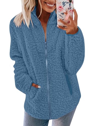 Pullover Damen Fleecepullover Teddyjacke Teddy Flauschiger Teddyfleece Jacke Kuschelpullover Winterjacke Fleecejacke Plüschjacke Kuscheljacke Kapuzenpullover Winter Mit Taschen Top (Z Blau, M) von Nilimoph