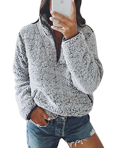 Pullover Damen Fleecepullover Teddyjacke Teddy Flauschiger Teddyfleece Jacke Kuschelpullover Winterjacke Fleecejacke Plüschjacke Kuscheljacke Kapuzenpullover Winter Mit Taschen Top (Z Grau, M) von Nilimoph