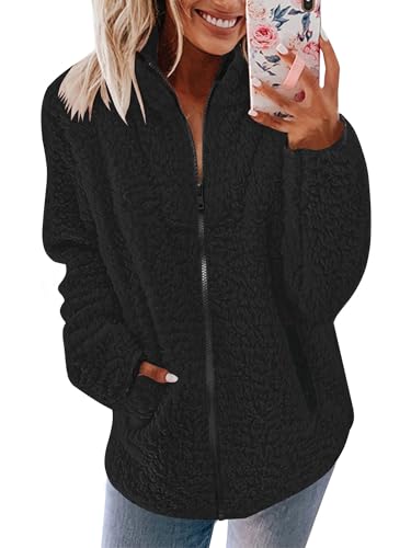 Pullover Damen Fleecepullover Teddyjacke Teddy Flauschiger Teddyfleece Jacke Kuschelpullover Winterjacke Fleecejacke Plüschjacke Kuscheljacke Kapuzenpullover Winter Mit Taschen Top (Z Schwarz, L) von Nilimoph