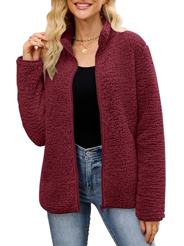 Pullover Damen Fleecepullover Teddyjacke Teddy Flauschiger Teddyfleece Jacke Kuschelpullover Winterjacke Fleecejacke Plüschjacke Kuscheljacke Kapuzenpullover Winter Mit Taschen Top (Z Weinrot, L) von Nilimoph