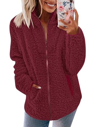 Pullover Damen Fleecepullover Teddyjacke Teddy Flauschiger Teddyfleece Jacke Kuschelpullover Winterjacke Fleecejacke Plüschjacke Kuscheljacke Kapuzenpullover Winter Mit Taschen Top (Z Weinrot, S) von Nilimoph
