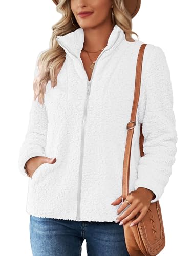 Pullover Damen Fleecepullover Teddyjacke Teddy Flauschiger Teddyfleece Jacke Kuschelpullover Winterjacke Fleecejacke Plüschjacke Kuscheljacke Kapuzenpullover Winter Mit Taschen Top (Z Weiß, M) von Nilimoph