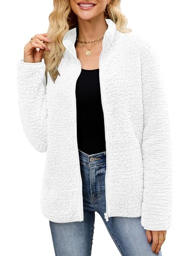 Pullover Damen Fleecepullover Teddyjacke Teddy Flauschiger Teddyfleece Jacke Kuschelpullover Winterjacke Fleecejacke Plüschjacke Kuscheljacke Kapuzenpullover Winter Mit Taschen Top (Z Weiß, XXL) von Nilimoph