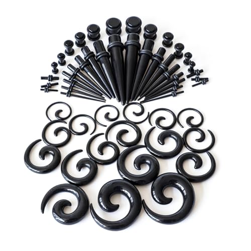 Nilioyul 54 Stück/Set, einfach und sicher, hochwertiges, beliebtes Silikon Tunnel Ohr Stretching Set mit Plugs, Ohrmessgeräte, Expander Set, Acryl, Schwarz von Nilioyul