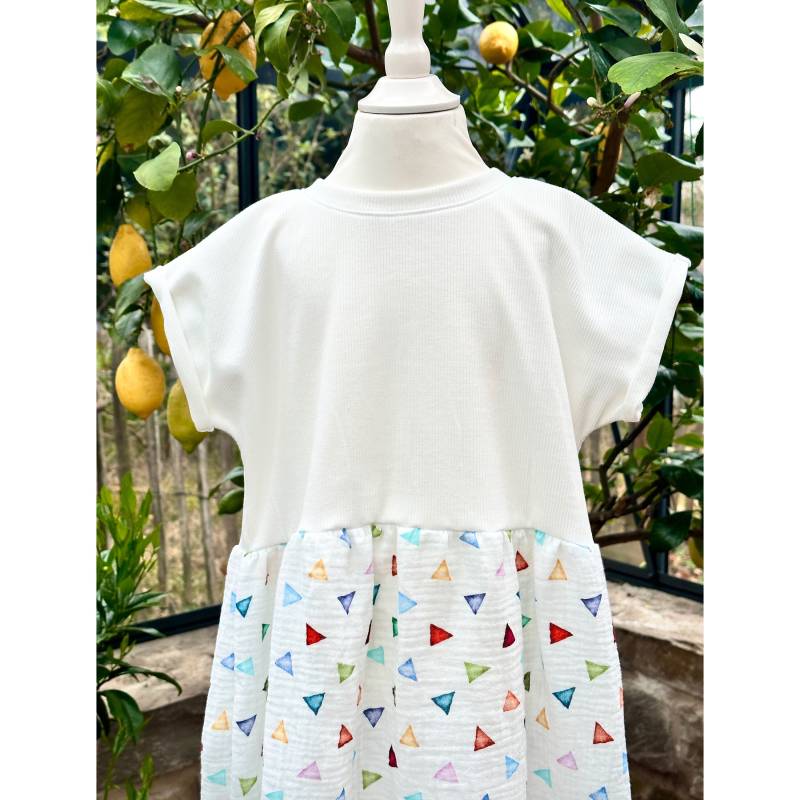 Sommerkleid Ripp Jersey Musselin "Aquarell-Dreiecke" Luftig Sommerlich Gr.86-140 Mädchen Geburtstagsoutfit Einschulung von NilsPlanet