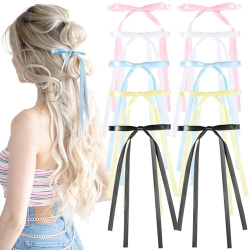 Haarschleifen-Clips: 10 x Quastenband, Schleife, Pferdeschwanz-Zubehör für Damen und Mädchen (10 lang, 5 Farben) von Niltracy