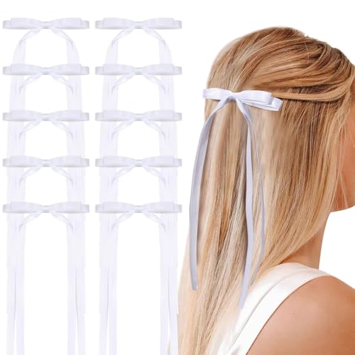 Haarschleifen-Clips: 10 x Quastenband, Schleife, Pferdeschwanz-Zubehör für Damen und Mädchen (10 lang weiß) von Niltracy