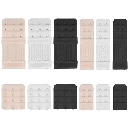 Nimiah BH Verlängerungsschnalle Set - 3 Farben (Schwarz/Weiß/Haut) - 2-Reihig & 3-Reihig - Mit & Ohne Elastikband - Universelle Passform für Damen-BHS - Komfortabler Halt - 12 Stück Premium-Set von Nimiah