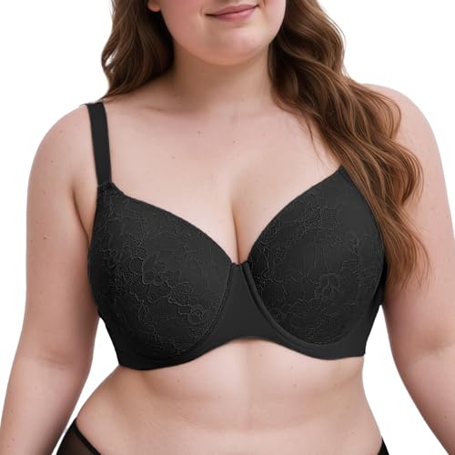Nimiah Damen Büstenhalter mit Draht - Mittelstütze - Atmungsaktive Baumwolleinsätze - Schwarz - Spitze - Bequemer von Nimiah
