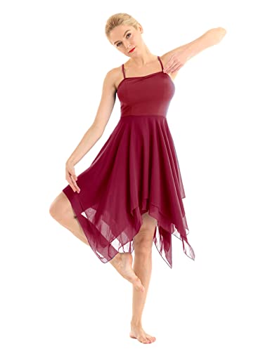 Nimiya Damen Eiskunstlauf Kleid Tanzkleider Ballett Trikot Turnbody Chiffon Asymmetrisch Rollschuhkleid für Ballerina Latein Tango Show Wettbewerb Rotwein S von Nimiya