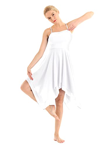 Nimiya Damen Eiskunstlauf Kleid Tanzkleider Ballett Trikot Turnbody Chiffon Asymmetrisch Rollschuhkleid für Ballerina Latein Tango Show Wettbewerb Weiss S von Nimiya