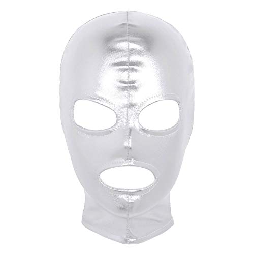 Nimiya Damen Herren Wetlook Kopfmaske Sexy Latex Maske Fetisch Kopfhaube Mundöffnung Augenöffnung Hinter Öffnen Mit Zipper Masquerade Clubwear Silber One Size von Nimiya