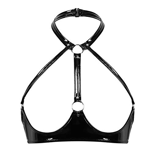 Nimiya Damen Wetlook Hebe Bra Busenfrei Ouvert Leder BH Sexy Bralette Ohne Bügel Neckholder Nippelfrei Lingerie Dessous Erotik Reizwäsche Sexy Kostüm Schwarz L von Nimiya