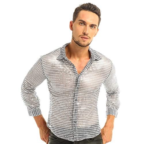 Nimiya Herren Kostüm Hemd durchsichtige Netzhemd Pailletten Glitzer Hemd Langarm Retro Hippie Disco Karneval Silber Medium von Nimiya