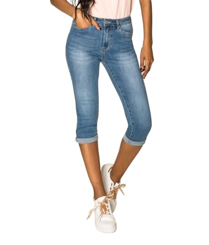 Nina Carter P132 Damen Capri Skinny Fit Jeanshosen HIGH Waist Jeans Used-Look Waschungseffekt, Blau (P132-5), S von Nina Carter