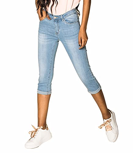Nina Carter P132 Damen Capri Skinny Fit Jeanshosen HIGH Waist Jeans Used-Look Waschungseffekt, Hellblau (P132-6), XXL von Nina Carter