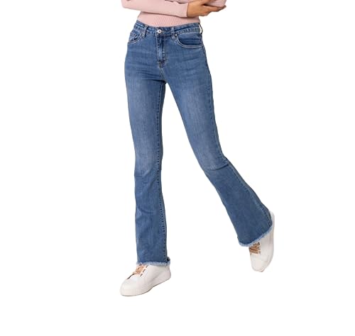 Nina Carter Damen Bootcut Jeans Mid Waist Stretchjeans Flared Jeanshosen Used-Look Schlaghosen, Blau (P218-5), M von Nina Carter