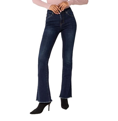 Nina Carter Damen Bootcut Jeans Mid Waist Stretchjeans Flared Jeanshosen Used-Look Schlaghosen, Dunkelblau (P218-2), L von Nina Carter