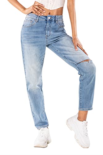 Nina Carter Damen Boyfriend Jeanshosen High Waist MOM Jeans Cutted Knee Used-Look Waschungseffekt, Blau (Q1886-1), S von Nina Carter