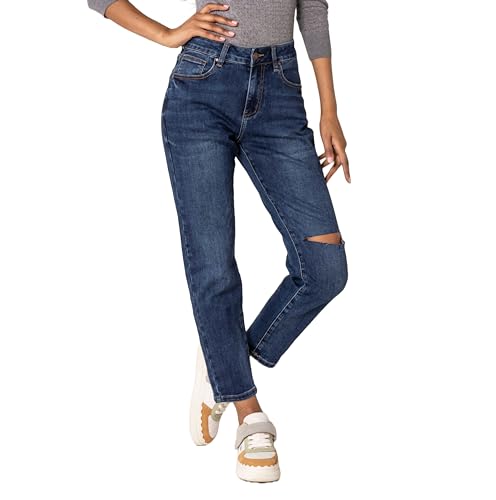 NINA CARTER Damen Boyfriend Jeanshosen High Waist MOM Jeans Cutted Knee Used-Look Waschungseffekt, Dunkelblau (Q1886-11), L von NINA CARTER