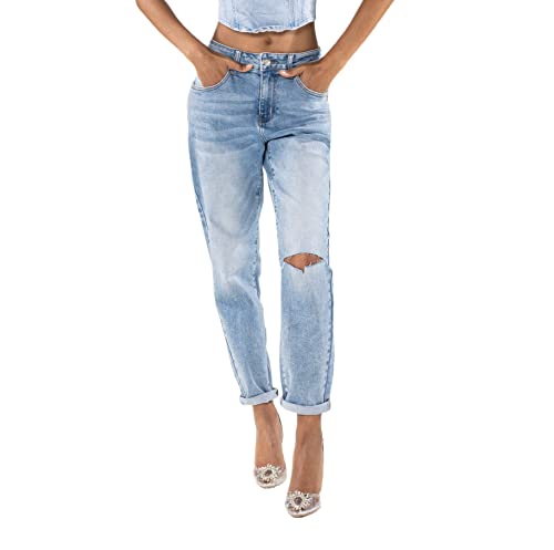 NINA CARTER Damen Boyfriend Jeanshosen High Waist MOM Jeans Cutted Knee Used-Look Waschungseffekt, Hellblau (Q1886-2), S von NINA CARTER