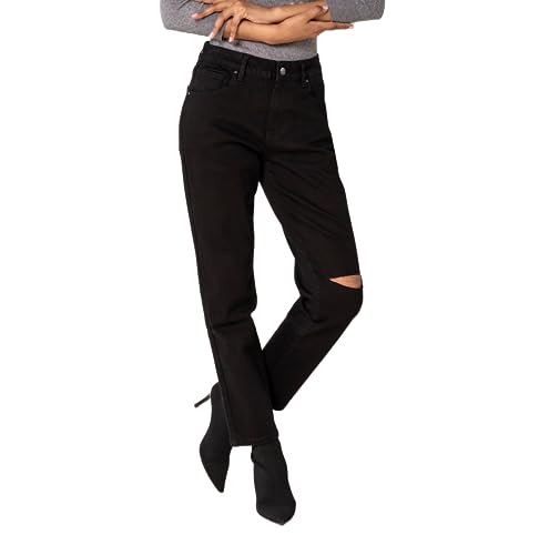 Nina Carter Damen Boyfriend Jeanshosen High Waist MOM Jeans Cutted Knee Used-Look Waschungseffekt, Schwarz (Q1886-8), L von Nina Carter