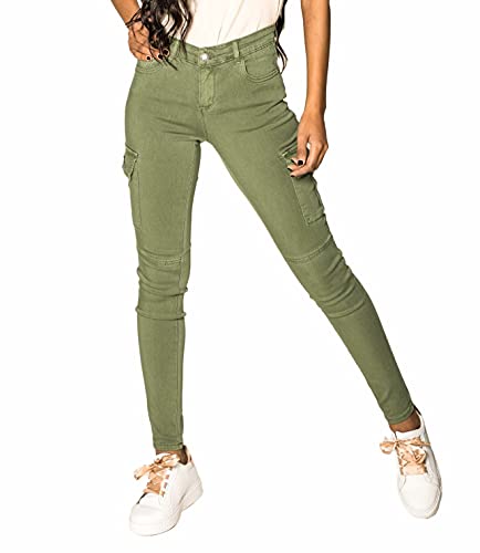 Nina Carter Damen S353 Cargohosen Skinny Fit Jeanshosen Cargo Jeans Stretchjeans Cargojeans Used Look (Khaki (S353-5), L) von Nina Carter