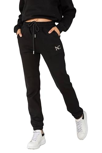 Nina Carter F021 Damen Jogginghose mit elastischem Bund High Waist, weichem Fleece-Innenfutter Bequeme Sweatpants Sporthose Freizeithosen (Schwarz (F021-2), M) von Nina Carter