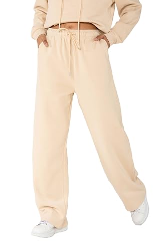 Nina Carter F023 Damen Jogginghose mit elastischem Bund High Waist ausgestelltem Bein weichem Fleece-Innenfutter Bequeme Sweatpants Sporthose Freizeithosen (Creme (F023-74), S) von Nina Carter