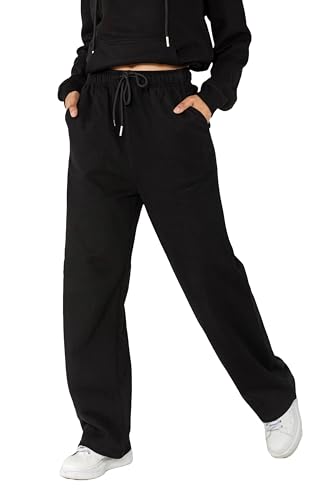 Nina Carter F023 Damen Jogginghose mit elastischem Bund High Waist ausgestelltem Bein weichem Fleece-Innenfutter Bequeme Sweatpants Sporthose Freizeithosen (Schwarz (F023-2), L) von Nina Carter