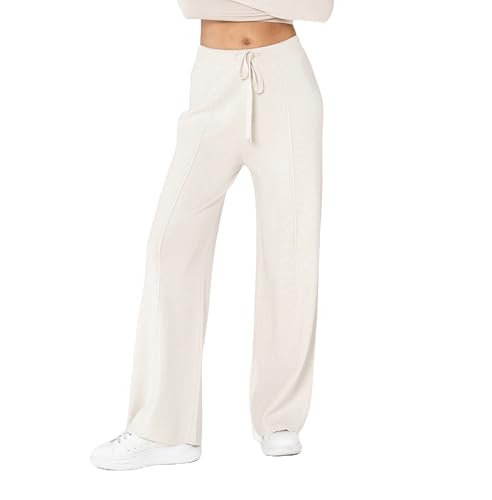 Nina Carter F025 Damen Strickhose – Gestrickte Freizeithosen Bequeme Hose mit Ausgestellter Beinform Elastischem Bund Verstellbarem Kordelzug (Beige (F025-2), S-M) von Nina Carter