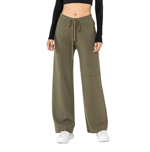 Nina Carter F025 Damen Strickhose – Gestrickte Freizeithosen Bequeme Hose mit Ausgestellter Beinform Elastischem Bund Verstellbarem Kordelzug (Khaki (F025-53), S-M) von Nina Carter