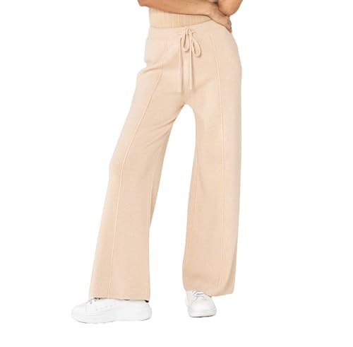 Nina Carter F025 Damen Strickhose – Gestrickte Freizeithosen Bequeme Hose mit Ausgestellter Beinform Elastischem Bund Verstellbarem Kordelzug (Sandfarbe (F025-4), S-M) von Nina Carter