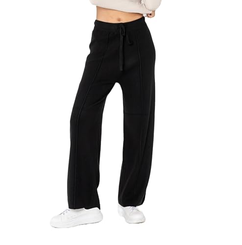 Nina Carter F025 Damen Strickhose – Gestrickte Freizeithosen Bequeme Hose mit Ausgestellter Beinform Elastischem Bund Verstellbarem Kordelzug (Schwarz (F025-1), L-XL) von Nina Carter