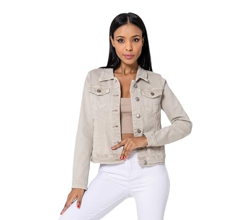 Nina Carter J212 Damen Jeansjacke Übergangsjacke Leichte Waschungseffekt Denim Casual Jacke, Creme (J212-25), L von Nina Carter